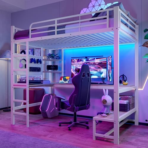 Kinderbett Etagenbett 90x200 cm mit LED Leiste&USB Steckdose, Hochbett Metallbett mit Schreibtisch&&mehrere Regalen&Lochbrett, Einzelbett Bettgestell...