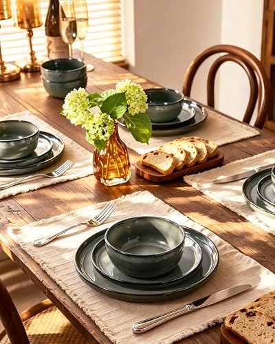 Image of Famiware Milkyway Stoneware Dinnerware Set, 24-Piece, Double Reactive Glaze, Plates and Bowls, Service for 8, Microwave and Dishwasher Safe, Scratch-Resistant, Greenish Brown