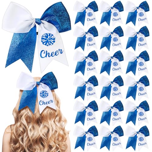 Suncalla Blue and White 20 Pcs Cheer Hair Bows Ponytail Holders Cheerleading Ribbon Pom Pom Elastic Hair Ties Cheer Camps Gifts Bulk for Cheerleaders Women Teams Competition Sports Party Favors