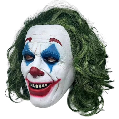 FULNEW Man Smile Latex Mask with Green Hair for Halloween Adult Clown Cosplay Costume Role Play Dress Up for Garden Yard Party Props (JK24)