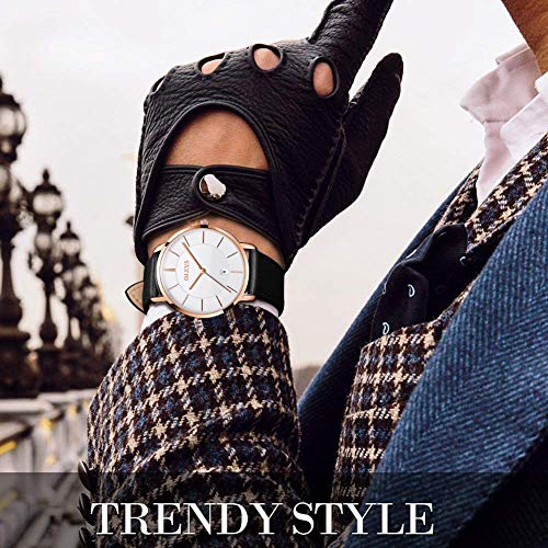 Image of OLEVS Men Leather Watches Black Ultra Thin 6.5mm Minimalist Dress Fashion Simple Casual Waterproof Date Watch for Men