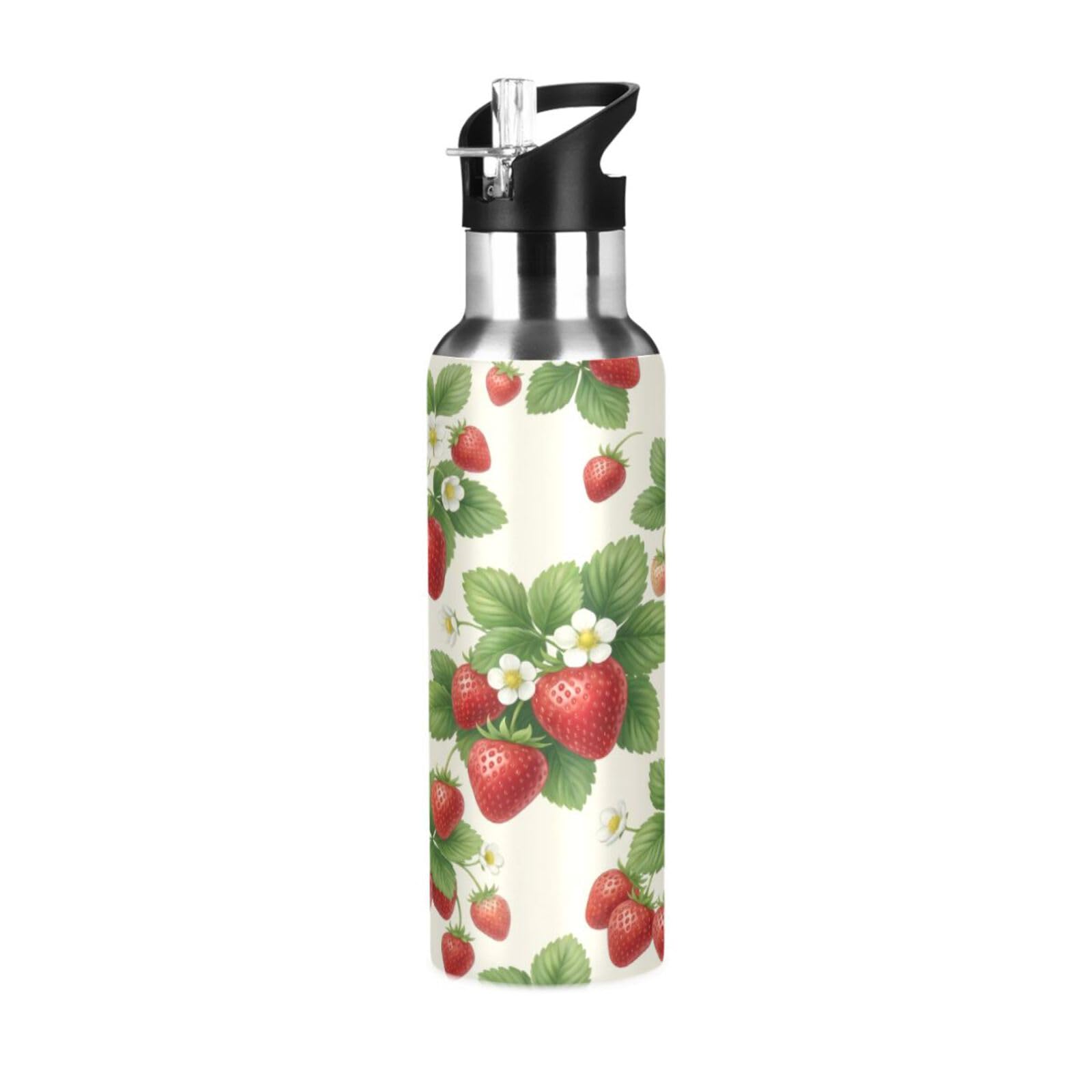 BOESI Strawberry Pattern Insulated Water Bottle 600ml, Stainless Steel Vacuum Sports Bottle with Straw, Leak Proof Thermal Bottle for Gym Travel Outdoor