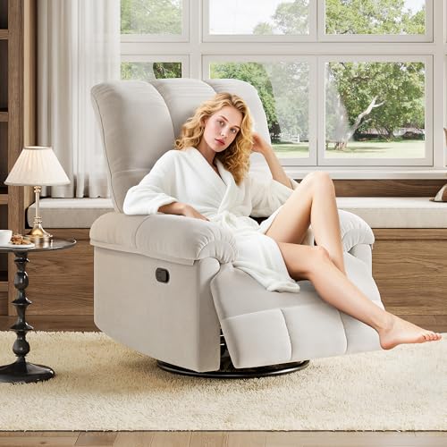 Image of GarveeHome Recliner Chair, 360 Swivel Rocker Glider Nursery Chair with Padded Armrest and Deep Seat, Chenille Upholstered Reclining Sofa Chair for Living Room, Bedroom and Nursery(Cream)