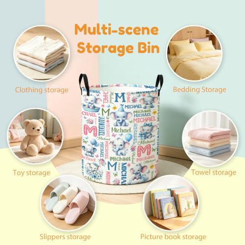 Image of Custom Elephant Laundry Hamper, Personalized Laundry Basket with Name, Customized Dirty Clothes Basket for Clothes Toy Bathroom Bedroom Storage,S-16.5 inchX 13.8 inch