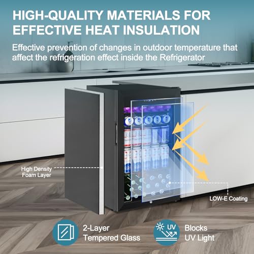 Image of 128 Cans Beverage Refrigerator Cooler, 3.2 Cu.Ft Mini Drink Fridge Glass Door for Drink Beer Soda Wine, Small Beer Fridge with 4 Removable Shelves for Kitchen Bedroom, Office Bar Gaming Room, Black