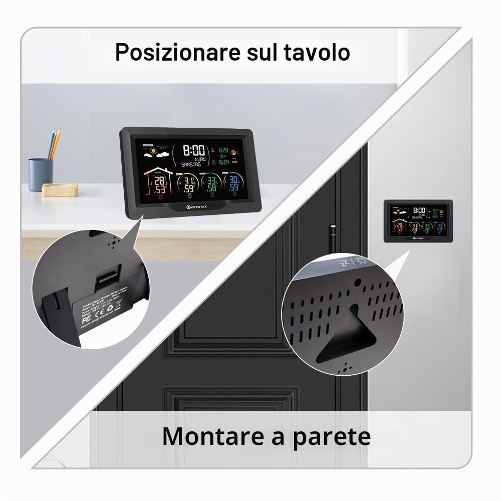 KETOTEK Stazione meteo radio senza fili con 3 sensori esterni Termometro digitale da interno all'aperto Igrometro barometro
