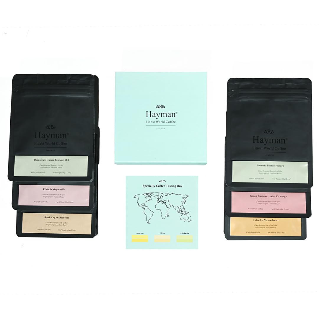 Hayman, Caja de Degustación de Cafés Especiales, Paquete de 6 Selecciones de Cafés Gourmet, Muestra de Variedad Premium, Surtido Regalo, En Grano, Tostado Medio, 6 bolsas con 60 Gramos (360g Total)