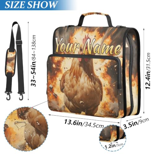 Image of Custom 3 Ring Zipper Binder Funny Rooster Cock Explosion Behind Personalized Name 1.5 Inch Binders Large Capacity Multi Pockets for School Office Supplies