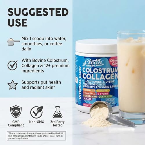 Image of Bovine Colostrum Powder + Collagen Peptides with L-Glutamine L-Lysine Prebiotics Probiotics Digestive Enzymes Vitamin D K2 C Quercetin & Folate | Gut Health Supplement Internal Glow By Clean Nutra