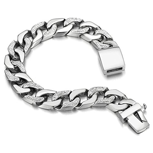 COOLSTEELANDBEYOND Men's Stainless Steel Curb Chain Bracelet High Polished with Cubic Zirconia2