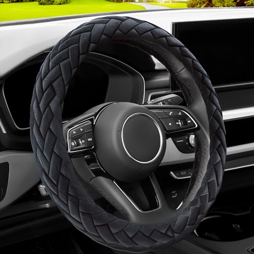YHONGJT Soft Velvet Steering Wheel Cover Cute Hands Warm Fuzzy, Universal 15 Inch for Women Girls, Fit Vehicles, Sedans, SUVs, Vans, Trucks - Black
