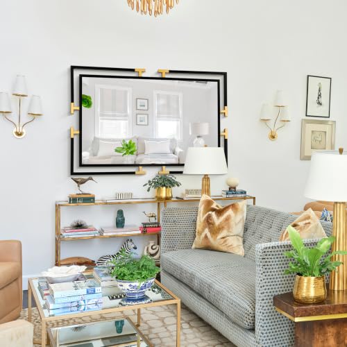 Image of 48 inchx32 inch Large Black and Gold Vanity Bathroom Mirror, Modern Metal Frame Wall Decor, Horizontal and Vertical Mount for Living Room Entryway