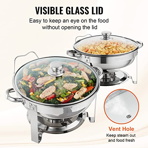 Vevor Chafing Dish Buffet Set, 4 Qt 2 Pack, Stainless Steel Chafer W/ 2 Full Size Pans, Round Catering Warmer Server W/Vented Glass Lid Water Pan Stand Fuel Holder Hook Spoon, At Least 4 People Each #TOP4