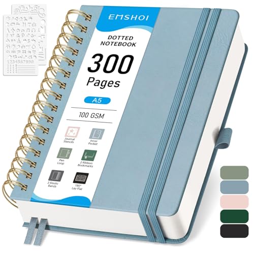EMSHOI Dotted Journal Spiral Notebook - 300 Pages, A5 Hardcover Leather, 100 GSM Thick Dot Grid Notebook for Women Men Work Writing, Journaling, Drawing, 5.7" x 8.22", Gray Blue