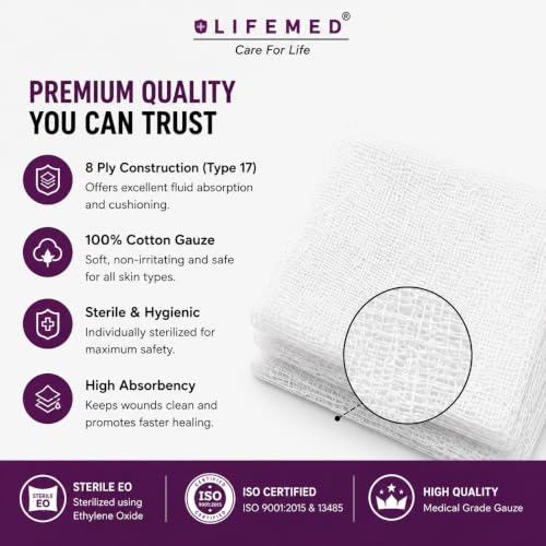 Image of LifeMed Sterile Gauze Swabs 7.5 x 7.5 cm, 8 Ply Type 17, 5 Swabs /Pack, Pack of 10 (50 Dressings)