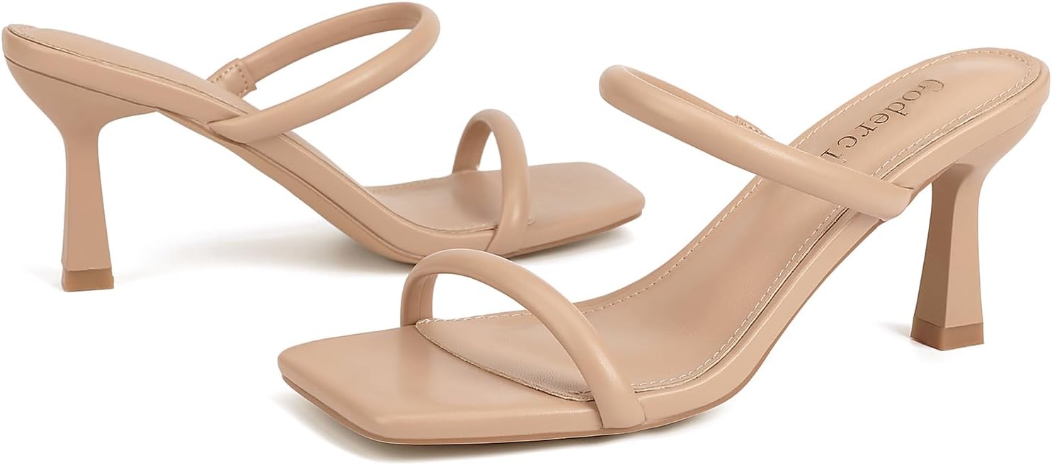 Kitten Heels for Women Two Strap Mules Mid Square Open Toe Slip On Heeled Sandals - Image 4