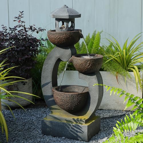Image of Outdoor Water Fountain with LED Lights, 3-Tier Zen Garden Fountain for Patio, Yard & Porch Decor - Durable Resin Waterfall Feature with Modern Japanese-Style Design, 35 inch Tall