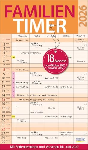 Familientimer 18 Monate 2026/2027: Familienkalender mit 5 Spalten, Familienplaner von Oktober 2025 bis März 2027. Zusatzspalte, Ferientermine und Vorschau bis Juni 2027.