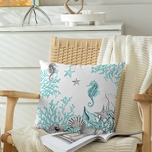 Calitime Throw Pillow Cases Pack Of 2 Cozy Fleece Seahorse Coral Conch Shell Starfish Decorative Cushion Covers For Couch Bed Sofa Farmhouse Decoration 18 X 18 Inches Light Turquoise Grey #TOP2