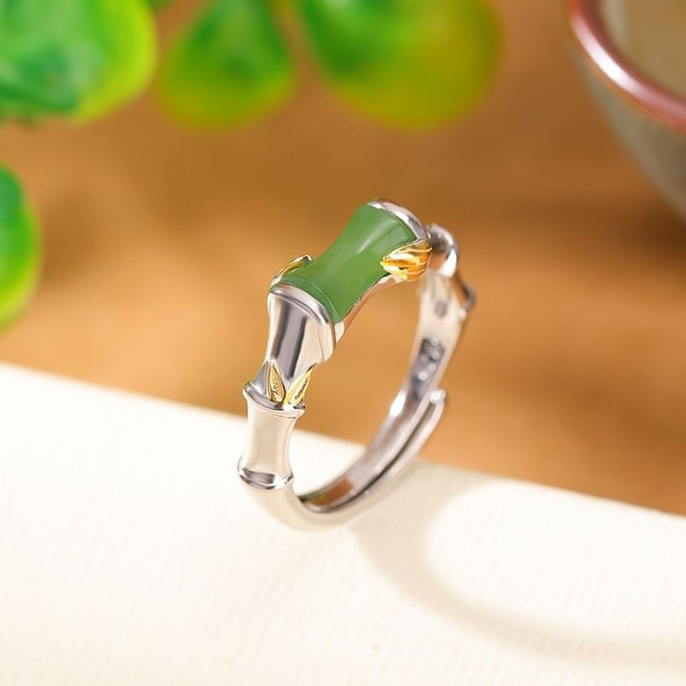 Anillo de plata S925 con incrustaciones de jaspe hetiano natural, nudo de bambú y hoja de bambú (apertura ajustable) para mujer, Jade, Sin piedras preciosas