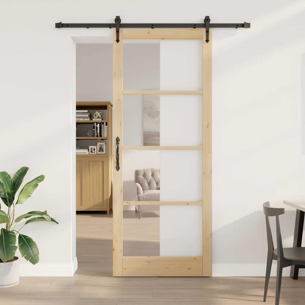 Drzwi przesuwne z litego drewna sosnowego z przezroczystym szkłem 93 x 232 cm, drzwi przesuwne do wnętrz, ciche przesuwanie z szynami i rolkami, skrzydło drzwi do mieszkania