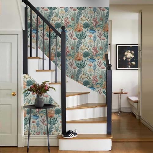 Image of Wallpaper Peel and Stick Vintage Flowers Leaves Birds Pattern Design Botanical Tropical Floral Textured Coral Fish Wall Decor Removable Waterproof Adeshive Wallpaper 16.5X87Inch