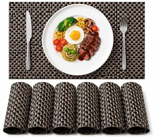 Image of Dribble Premium Anti UV-Mesh Woven PVC Table Placemats Set of 6 - Non-Slip, Heat Resistant, Washable Dining Table Mats for Kitchen, Dining & Office - 45cm X 30cm Durable Textured Design (Black)
