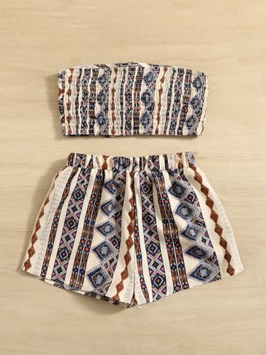 Image of WDIRARA Girl's 2 Piece Summer Outfits Sets Geometric Print Knot Front Strapless Tube Tops and Shorts Sets
