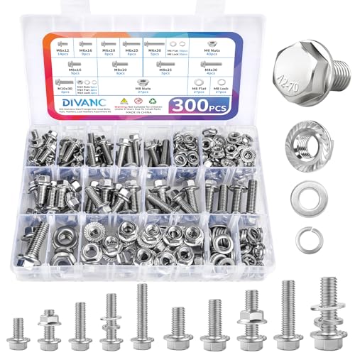 300Pcs Metric Flange Bolts Assortment, M6 M8 M10 Flange Hex Bolts and Nuts Washers Kit, 304 Stainless Steel Serrated Flange Nuts and Bolts, M6x1.0, M8x1.25, M10x1.5 (12mm to 30mm)(Silver)