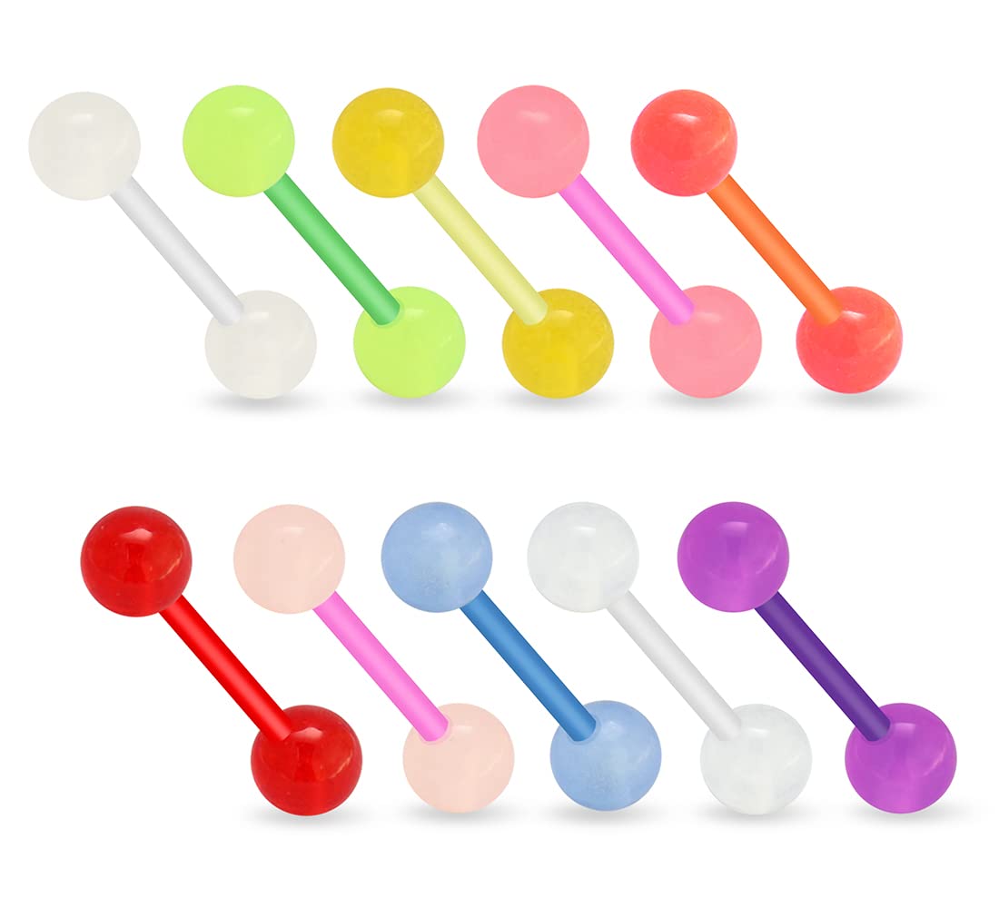 Monster PiercingPaquete de 10 Piezas de Bola de Resplandor UV en la Oscuridad con Calibre 14 Bioplast Piercing de Barra de leng?ETA de Barra Recta Flexible