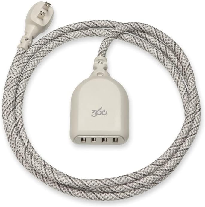 360 Electrical Habitat 4.8, 6 ft 4-Port USB Extension Cord, Durable Braided Casing, French Grey, 4.8A, USB Charger Cable, Power Strip USB Hub Charging Station for USB C, iPhone, Tablet, Android