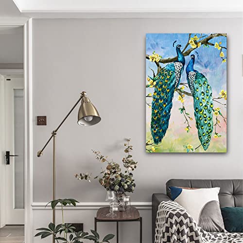 Couple Peacock With Yellow Flowers Tree Framed Canvas Wall Art Auspicious Peacock That Brings Good Luck For Bedroom Bathroom Office Wall Decor - High Definition Giclee Printed Painting, Original Design Picture, Ready To Hang 16"W X 24"H #TOP1