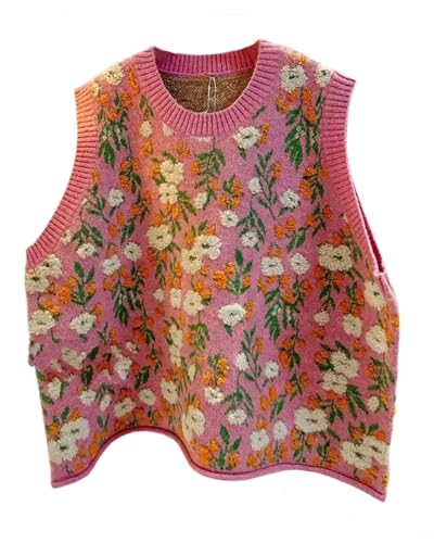 Image of Lunoakvo Women Pink Peach Flower Embroidery Knitted Sleeveless O-Neck Knitwear Sweater Vest