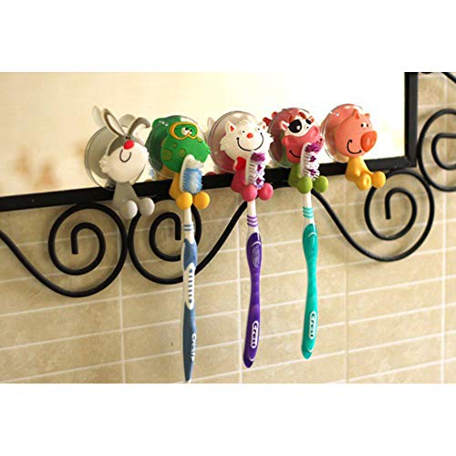 Wall Mounted Duty Suction Cup Toothbrush Holder Hooks Set For Mounting On Smooth Wall In Shower, Bathroom, Garage, Office,Perfect For Motivating Your Children To Brush Their Teeth (5 Small Animals) #TOP2