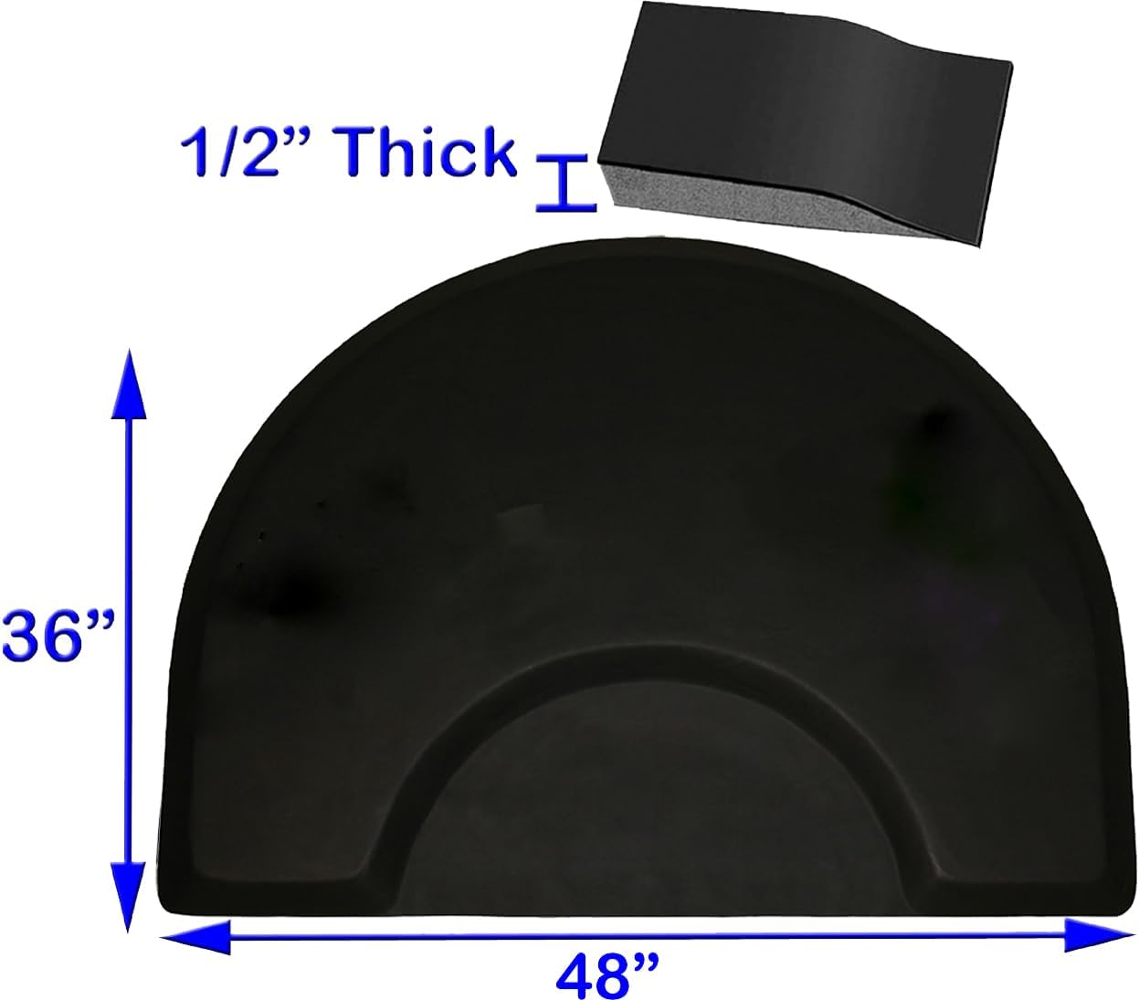 Half Round Anti-Fatigue Barber Salon Floor Mat, Black, 48" x 36", 1/2" Thick, Smooth Matte Surface (Classic Black)