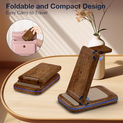 Image of Wireless Charger for Samsung /Android, HOLYJOY Foldable 3 in 1 Fast Charging Station /Stand /Multi Charger for Samsung S25 Ultra /S24 /Note 20, Travel Pad for Galaxy Watch 8 /7 /6 /5 /Active 2, for Buds(Wood)