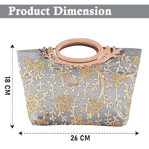 Image of Kuber Industries Polyester Hand Bag for Woman with Zip Closure | Ladies Purse | Lightweight Party and Wedding Clutch Purse for Women | Kada Design - Grey