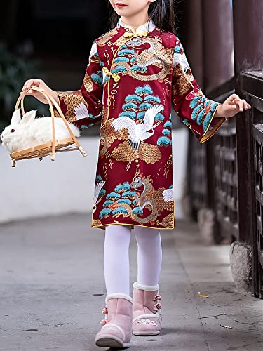 Girl's Long Bell Sleeve Gilded Chinese Dragon Crane and Pine Tree Dress3