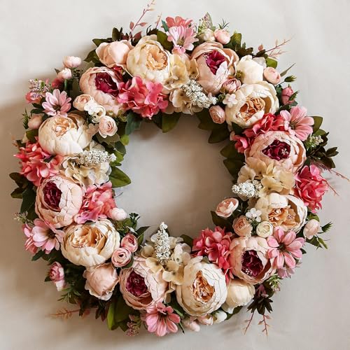 Peony Wreath 23'' Spring Wreaths for Front Door, Artificial Large Floral Wreath for Front Door Wall Decor, Valentine’s Day Home Wedding Housewarming Gift EZsenses (Light Pink)