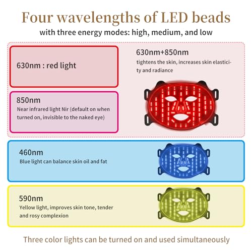 Image of Red Light Mask 4 Color Light Therapy for Face,with 240 LED Mask,1800mAh Rechargeable Controller,850nm Near Infrared Yellow&Blue Modes timer for 10 minutes 3 energy levels Anti-Aging at Home & Travel