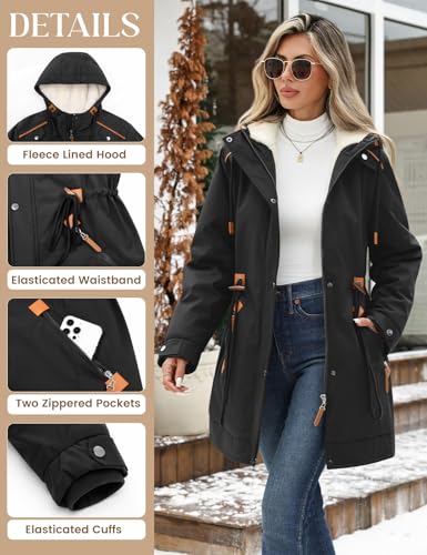 CMTOP Winterjacke Damen Warm Dicke Wintermantel Mittellang Fleece Gefütterte Parka Elegant Casual Outdoor Kapuzenmantel Herbst Winter Jacke Hoodie mit Reißverschluss, Kordelzug(Schwarz, XL)