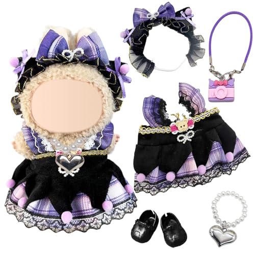 Doll Clothes Set for Labubu 17cm Plush Dolls Includes Gothic Purple & Black Dress Bow Headband Shoes Bag & Necklace Cute Outfit Accessories 5 Pcs