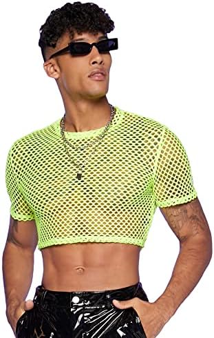 WDIRARA Men's Sheer Fishnet Mesh T Shirt Round Neck Short Sleeve Crop Top