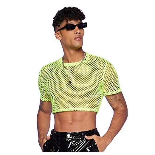 WDIRARA Men's Fishnet Mesh Tee Shirt Round Neck Short Sleeve Crop Top Lime Green L