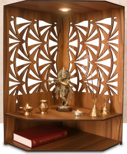 Image of Royal Walnut Finish Wooden Pooja Mandir | Wall Mounted Home Temple with LED Lights & Spacious Storage | Premium Handcrafted Puja Unit (37.5 * 29 * 25 CM) (Large) A7