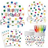 Sveikie 125-pcs Happy Birthday Paper Plate and Napkin Party Supplies Set, Colorful Forks - Neon Polka Dot Plate Decorations, Disposable Party Plates, Paper Cups and Napkins Set (Serves 25)