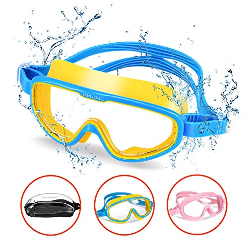 OMORC Taucherbrille Kinder, Schwimmbrille Anti-Fog UV-Schutz, Auslaufsichere Schnorchelbrille, Verstellbarer Gurt, Tauchmaske mit tragbarer Tragetasche für Kinder/Jugendliche (Alter 3-15) (Blau)