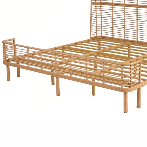 Image of Christopher Knight Home Lamar Boho Rattan King Bed Frame and Headboard, Farmhouse PE Wicker King Size Bed Frame, Metal King Platform Bed Frame, No Box Spring Needed, Easy Assembly, Natural Finish