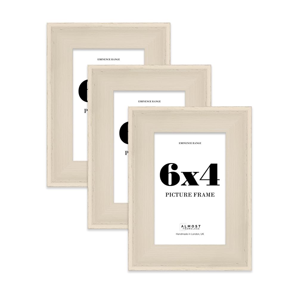 6x4" Cream Picture Frame - Rustic Wood Industrial Effect Photo Frame for Wall Display, Ideal for Posters, Prints & Home Décor, Wall Hooks and Kickstand, 32mm Edge - 3 Pack