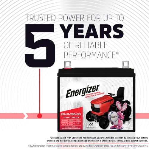 Image of Energizer EN-U1-280-GEL, 12 Volt 280 CCA, Long Lasting Sealed Lead Acid AGM Rechargeable Battery Ideal for Use in Tractors, Lawn Mowers, and More